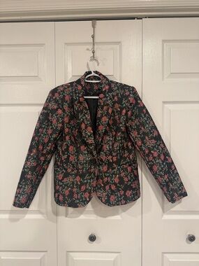 SHEIN Black Floral Blazer with Pink & Green Print
